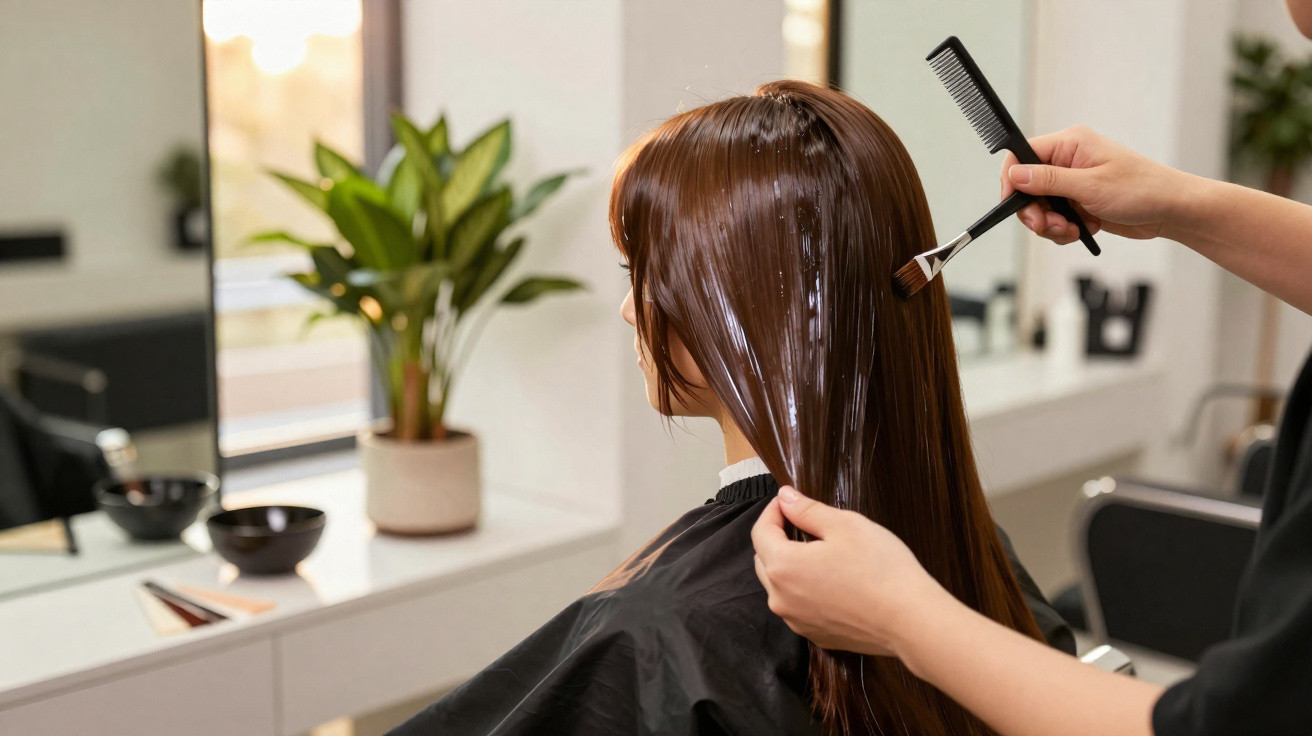 Pessoa recebendo aplicação de produto de beleza no cabelo em salão moderno e iluminado