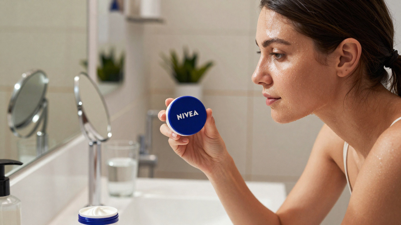 Mulher segurando pote azul da Nivea em banheiro moderno, olhando para o espelho.