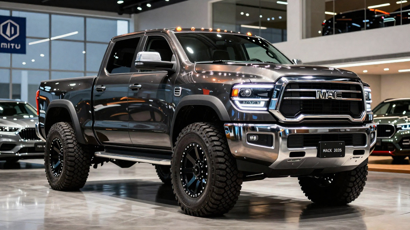 Picape preta MACK 2026 com pneus grandes exposta em showroom moderno e iluminado.