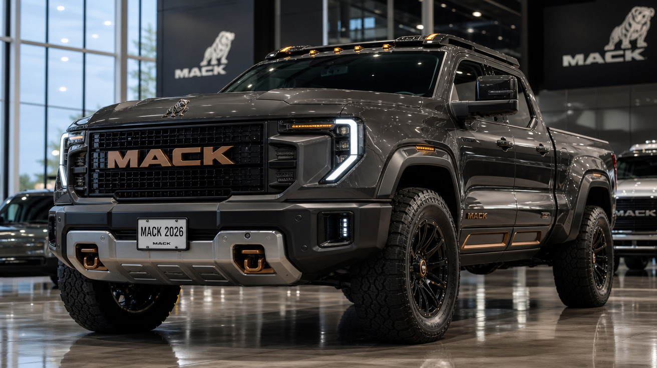 Picape Mack 2026 cinza metálico exibida em concessionária com iluminação interna e logo Mack ao fundo.