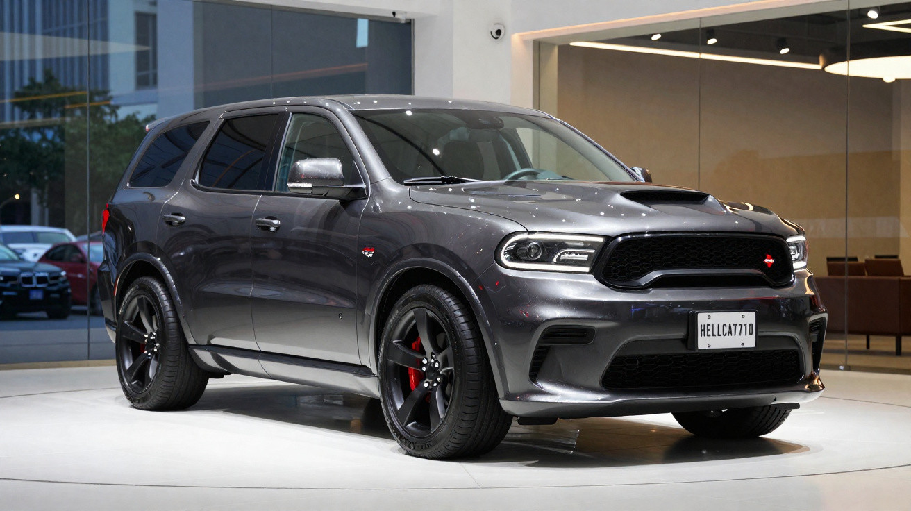 SUV esportivo cinza escuro Dodge Durango Hellcat exibido em ambiente interno com rodas pretas e detalhes vermelhos.
