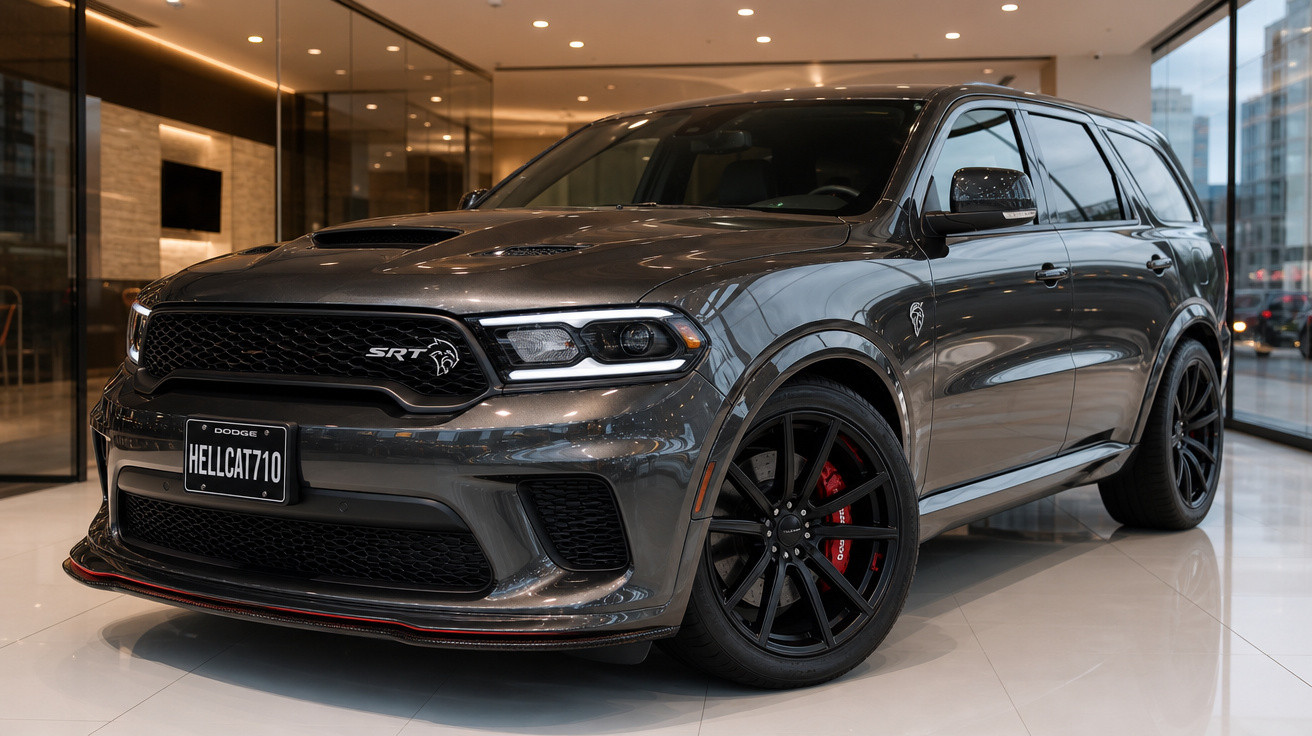 SUV Dodge Durango SRT preto com detalhes vermelhos, em showroom moderno com piso branco e vidro.
