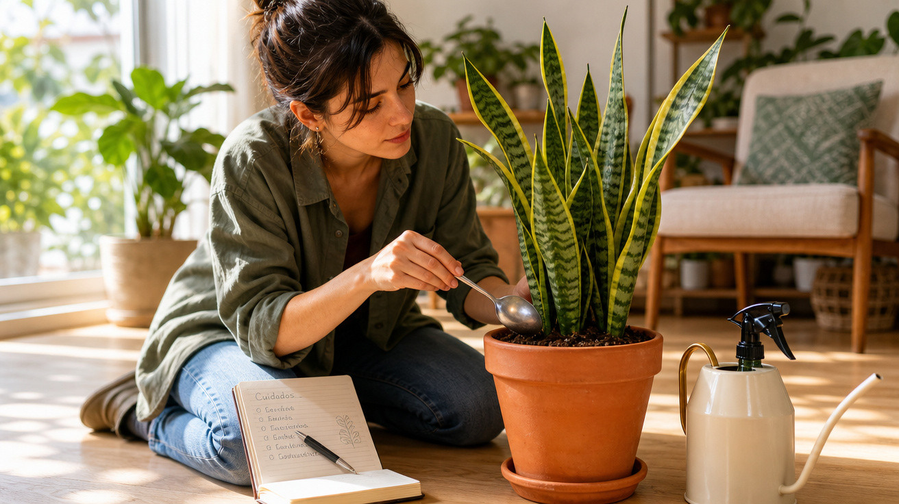 Mulher cuidando de planta em vaso de barro dentro de casa com regador e caderno ao lado.