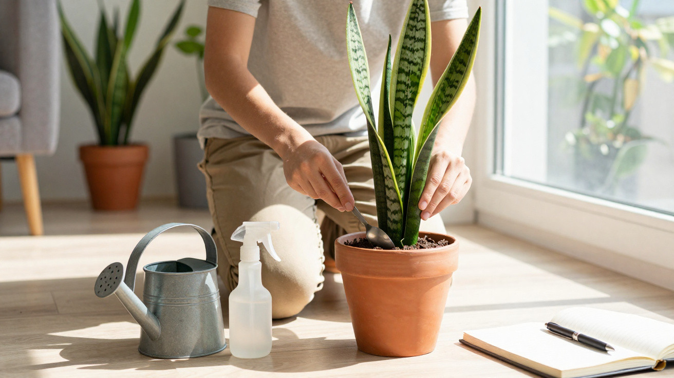 Pessoa cuidando de planta suculenta em vaso de barro ao lado de regador e borrifador perto de janela.