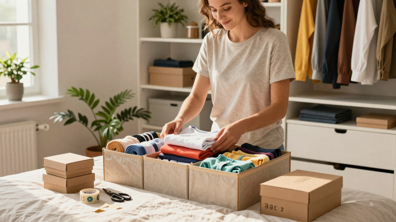 Mulher organizando roupas dobradas em caixa organizadora em quarto bem iluminado e arrumado.