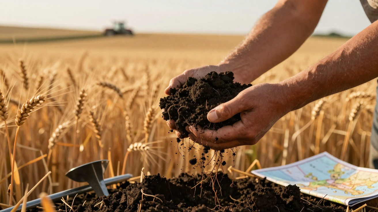 Mãos segurando terra fértil em campo de trigo com ferramentas agrícolas e mapa ao fundo.