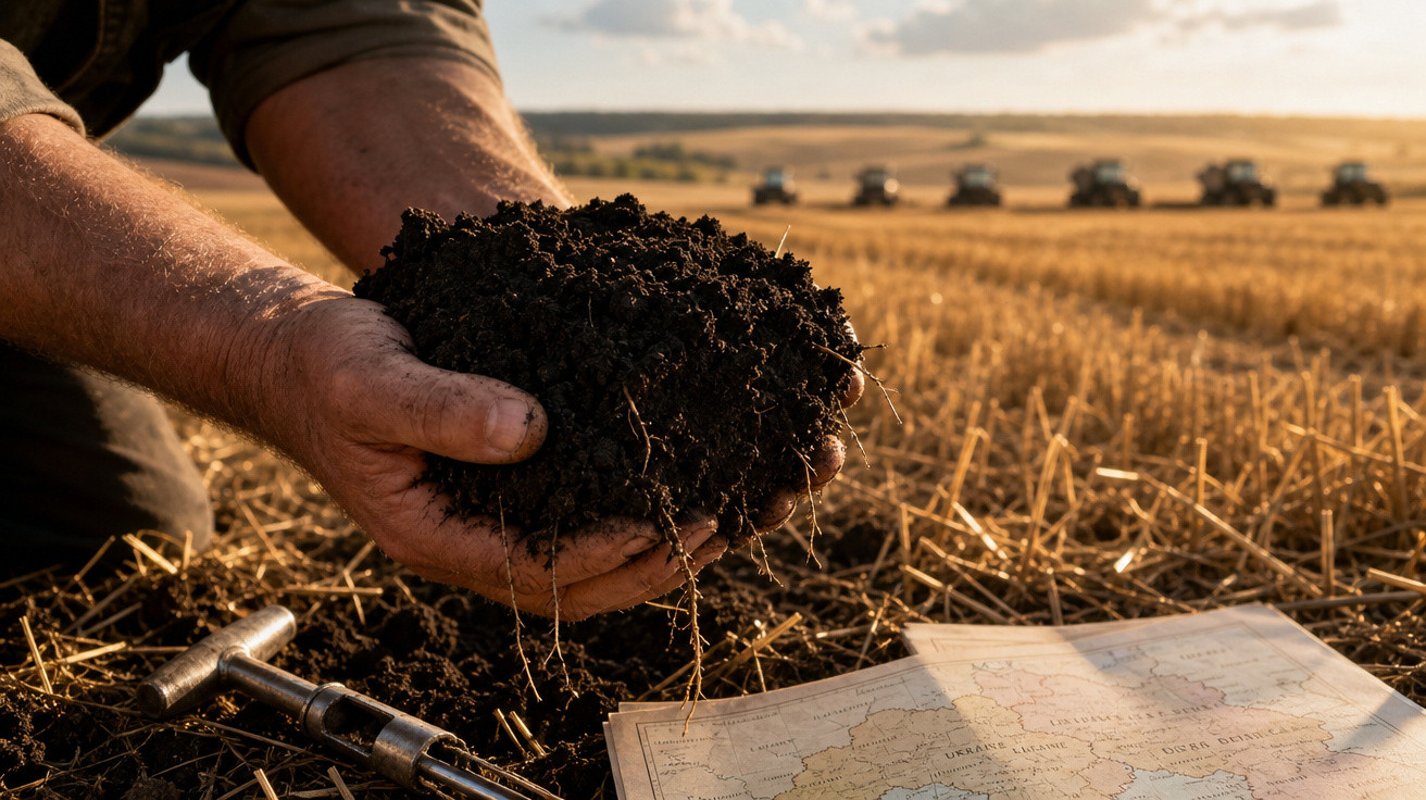 Mãos segurando terra fértil em campo colhido, com mapa e máquina agrícola ao fundo ao entardecer.