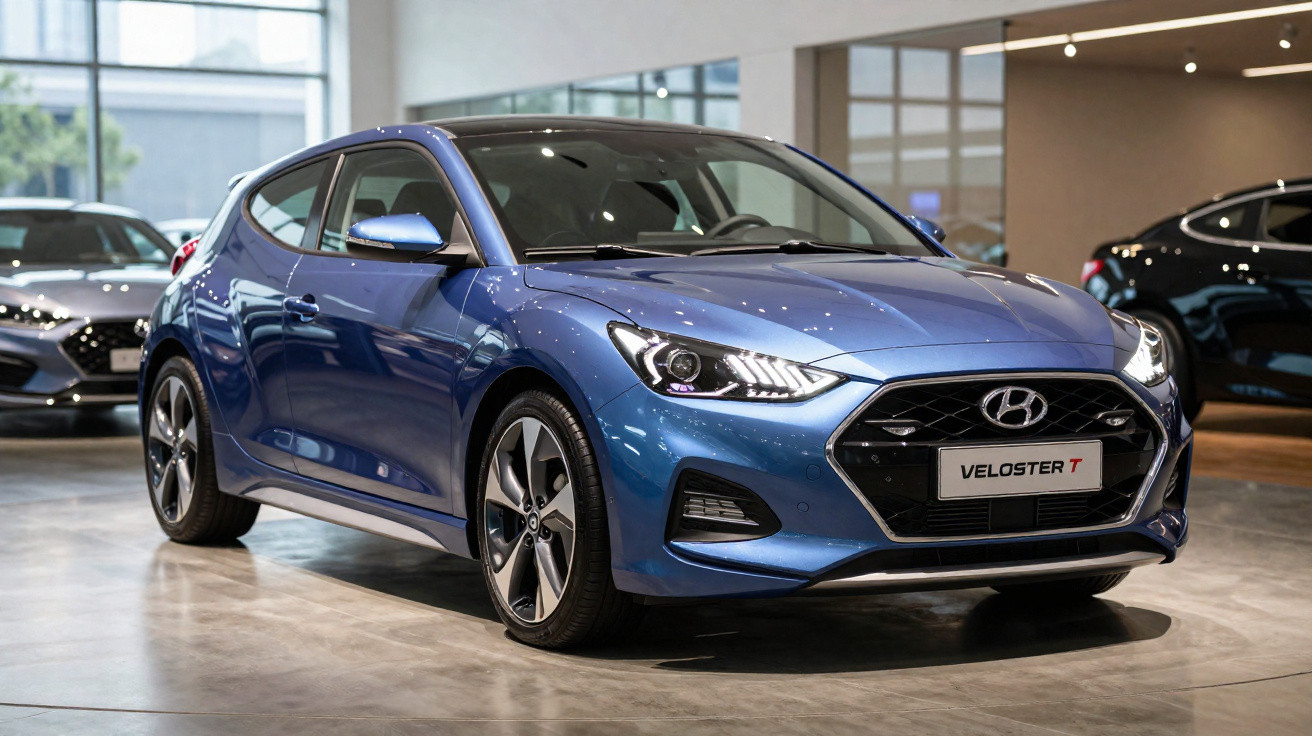 Carro hatch azul Hyundai Veloster T exibido em showroom moderno com piso de concreto polido.