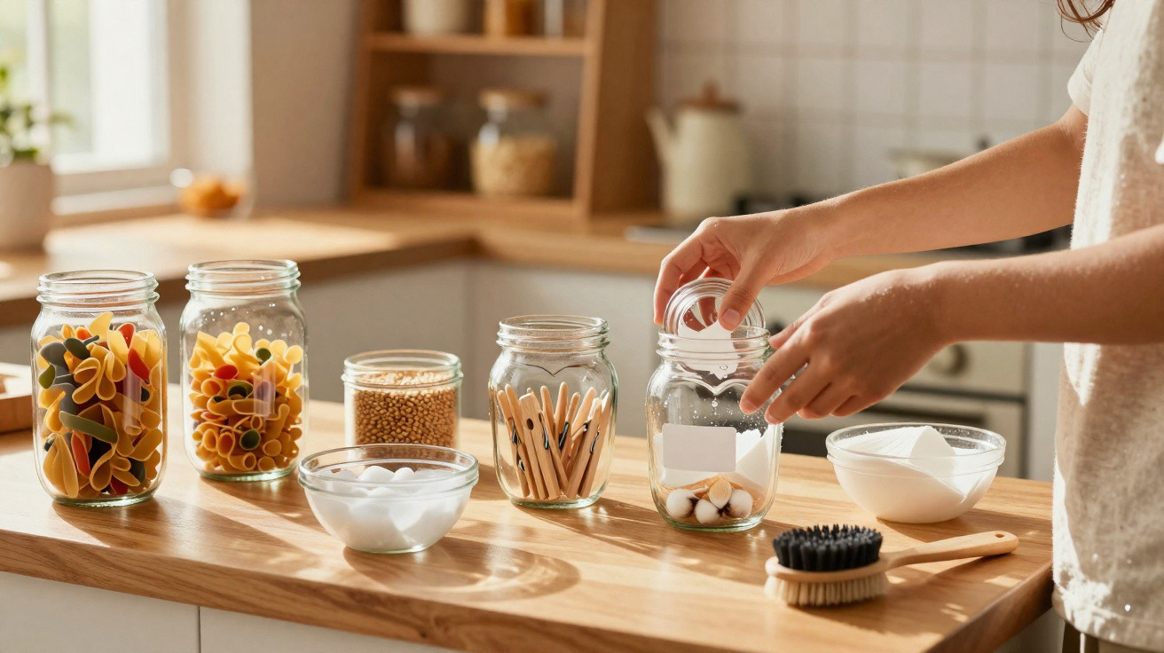 Potes de vidro com alimentos e produtos de higiene sobre bancada de cozinha, mãos organizando potes.