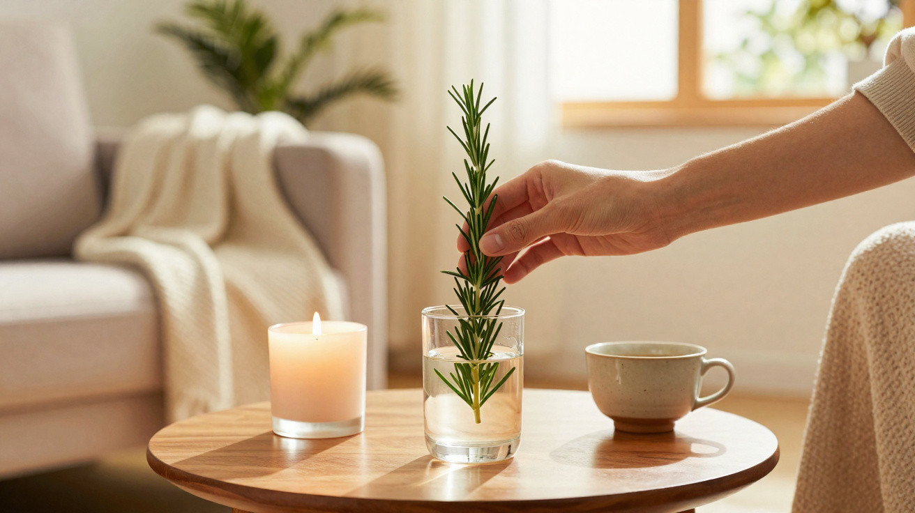 Mão colocando ramo de alecrim em copo com água sobre mesa com vela acesa e xícara em ambiente aconchegante.