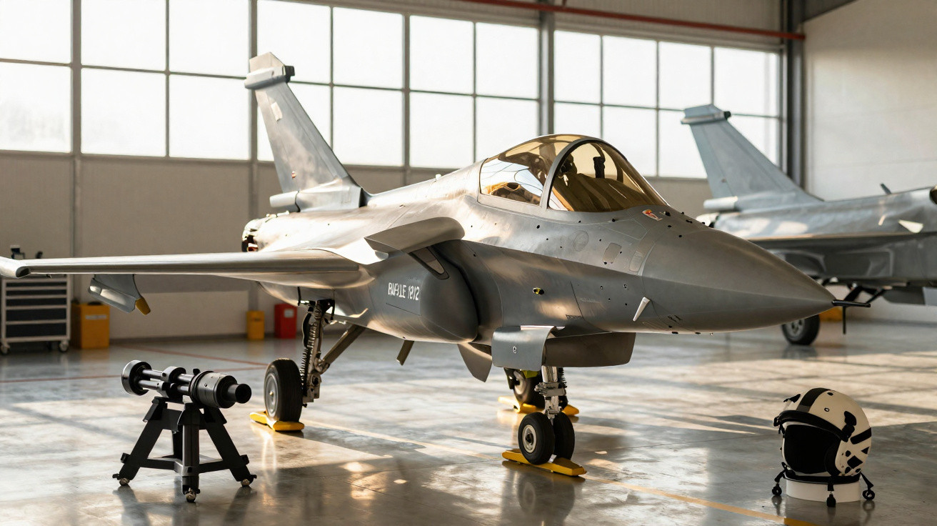 Avião de caça cinza em hangar com capacete e equipamento ao lado.