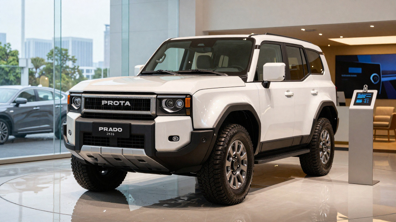 SUV branco modelo Prado 2026 da marca Prota exibido em salão moderno com piso brilhante.