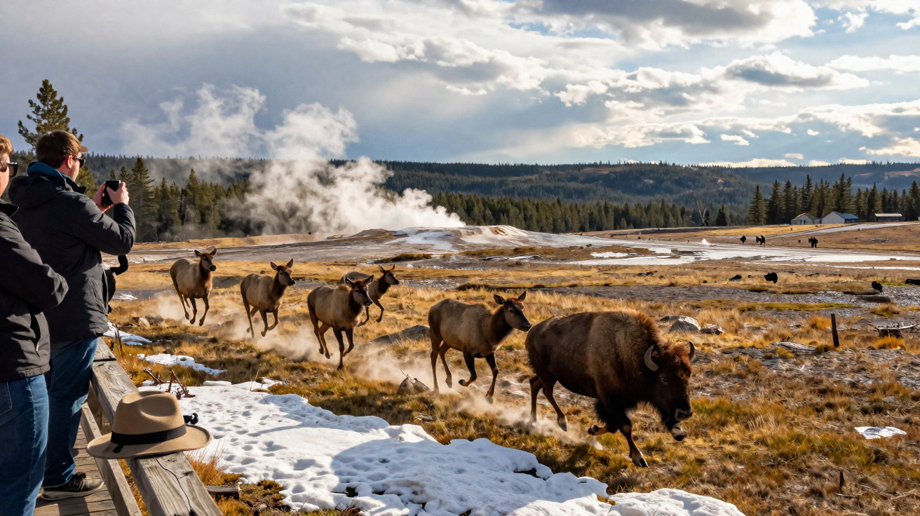 Turistas fotografam bisão e alces correndo em área com neve e gêiser ao fundo em parque natural.