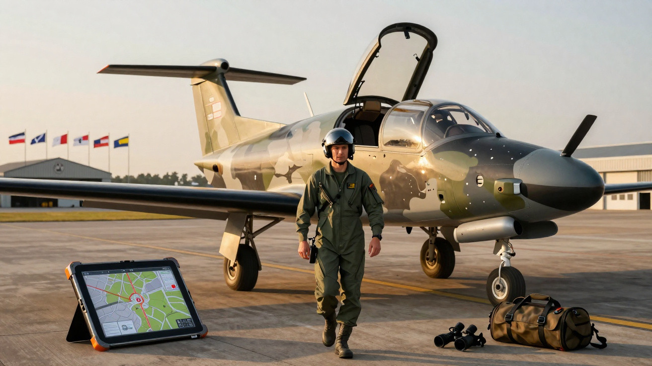 Piloto militar caminhando na pista ao lado de avião de caça camuflado e mapa digital em tablet.