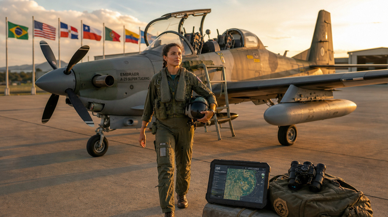 Piloto militar feminina em uniforme ao lado de avião Embraer A-29 Super Tucano com bandeiras ao fundo.