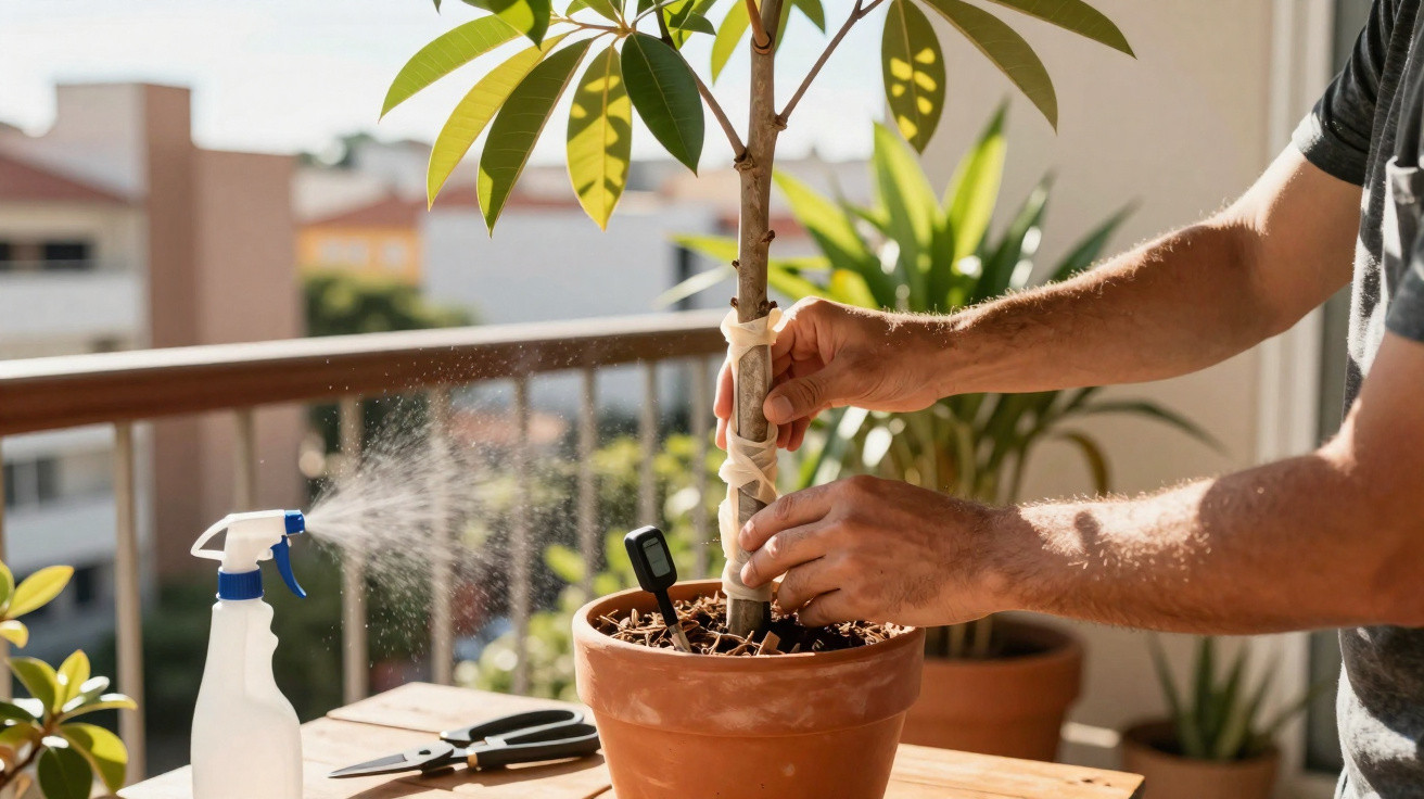 Pessoa cuidando de planta em vaso com regador pulverizando água em sacada ensolarada.