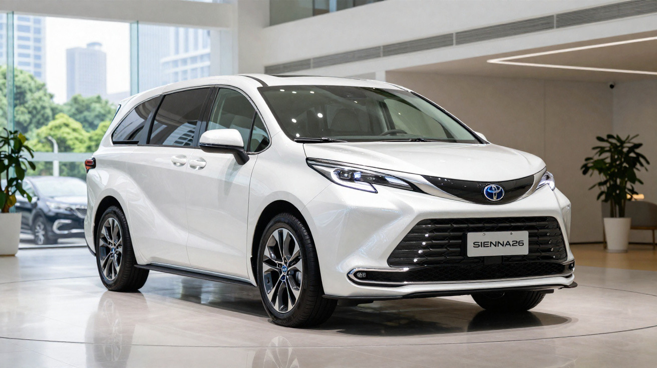 Minivan Toyota Sienna 2023 branca em exposição em showroom moderno e iluminado.