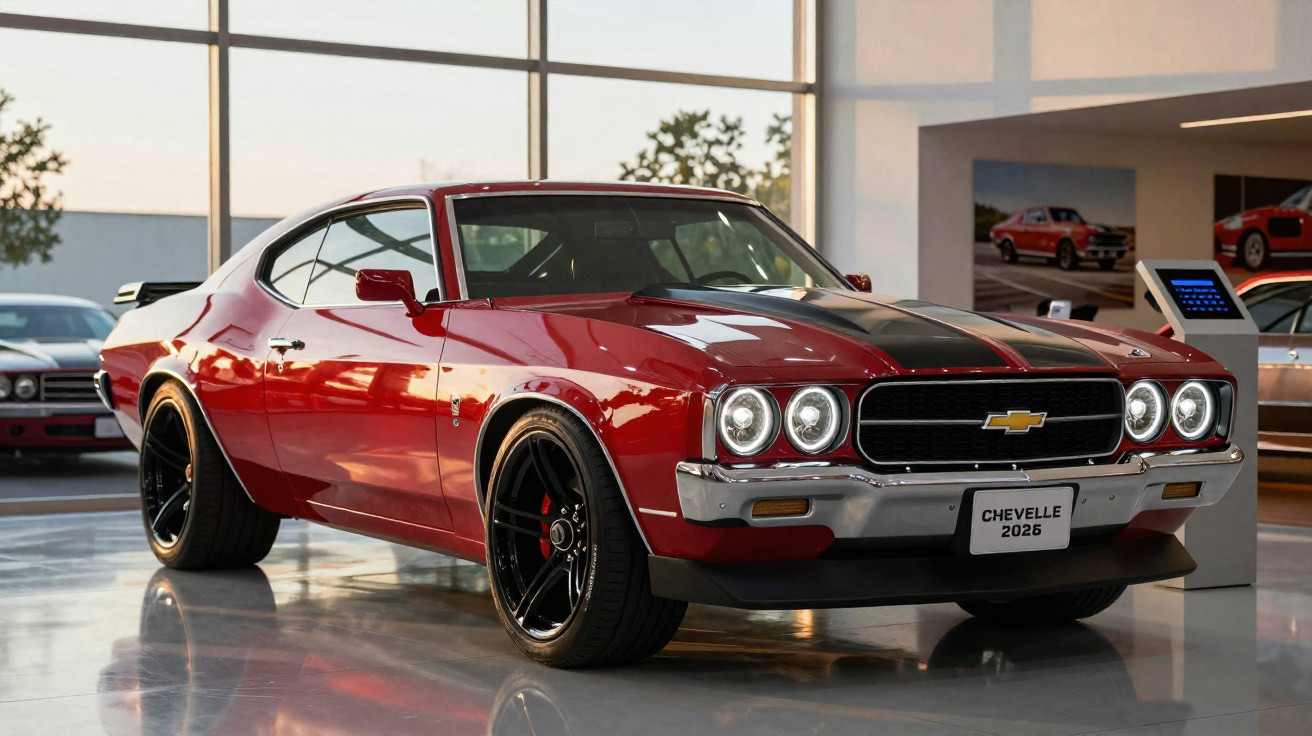 Carro clássico Chevrolet Chevelle vermelho 2026 com faixa preta, rodas pretas expostas em showroom moderno.
