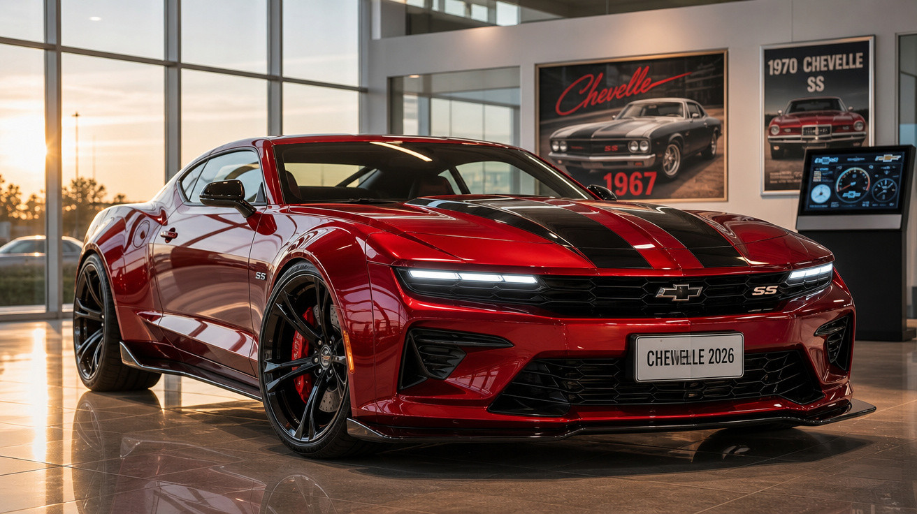 Carro esportivo Chevrolet Chevelle SS vermelho com faixas pretas em showroom iluminado.