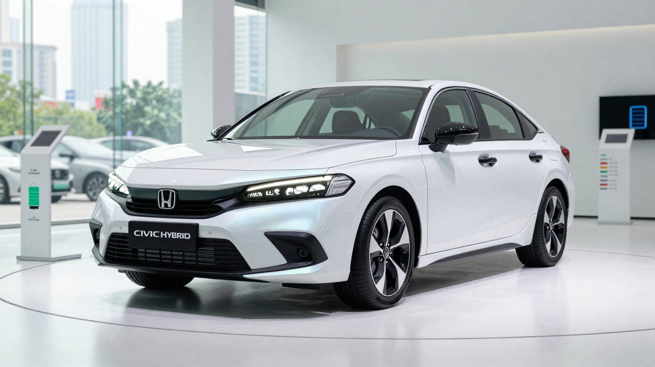 Carro branco Honda Civic Hybrid exposto em showroom moderno com luz natural e detalhes pretos.