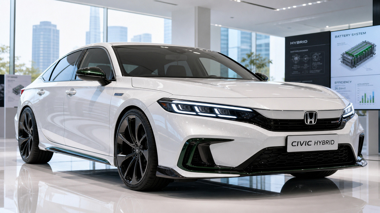 Carro branco Honda Civic Hybrid em showroom com janelas e painéis informativos ao fundo.
