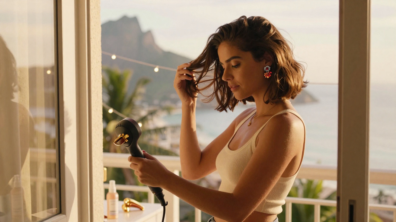 Mulher usando aparelho para modelar cabelo em varanda com paisagem de praia ao fundo.