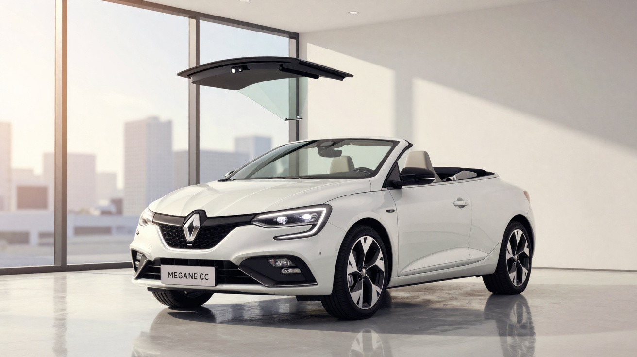 Carro conversível branco Renault Megane CC com capota rígida em movimento de abertura em ambiente interno iluminado.