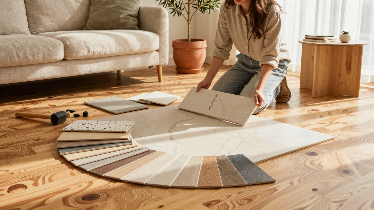 Mulher analisando amostras de pisos de diferentes cores e texturas em sala iluminada.