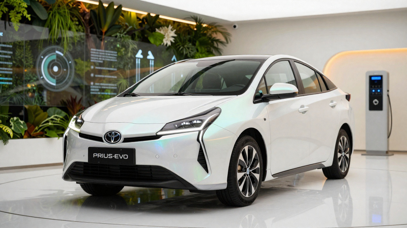 Carro Toyota Prius-Evo branco exibido em ambiente moderno com parede verde e carregador elétrico.
