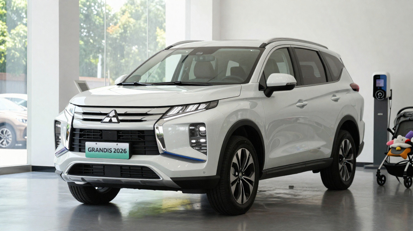 Carro SUV branco Mitsubishi Grandis 2026 em showroom com carrinho de bebê ao fundo.