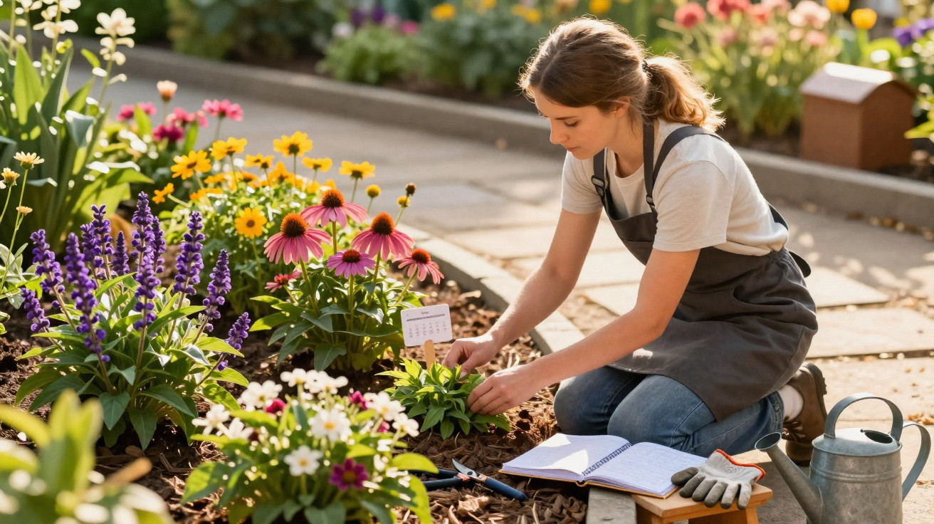 Jovem cuidando de plantas em jardim florido, com regador, luvas e caderno ao lado.
