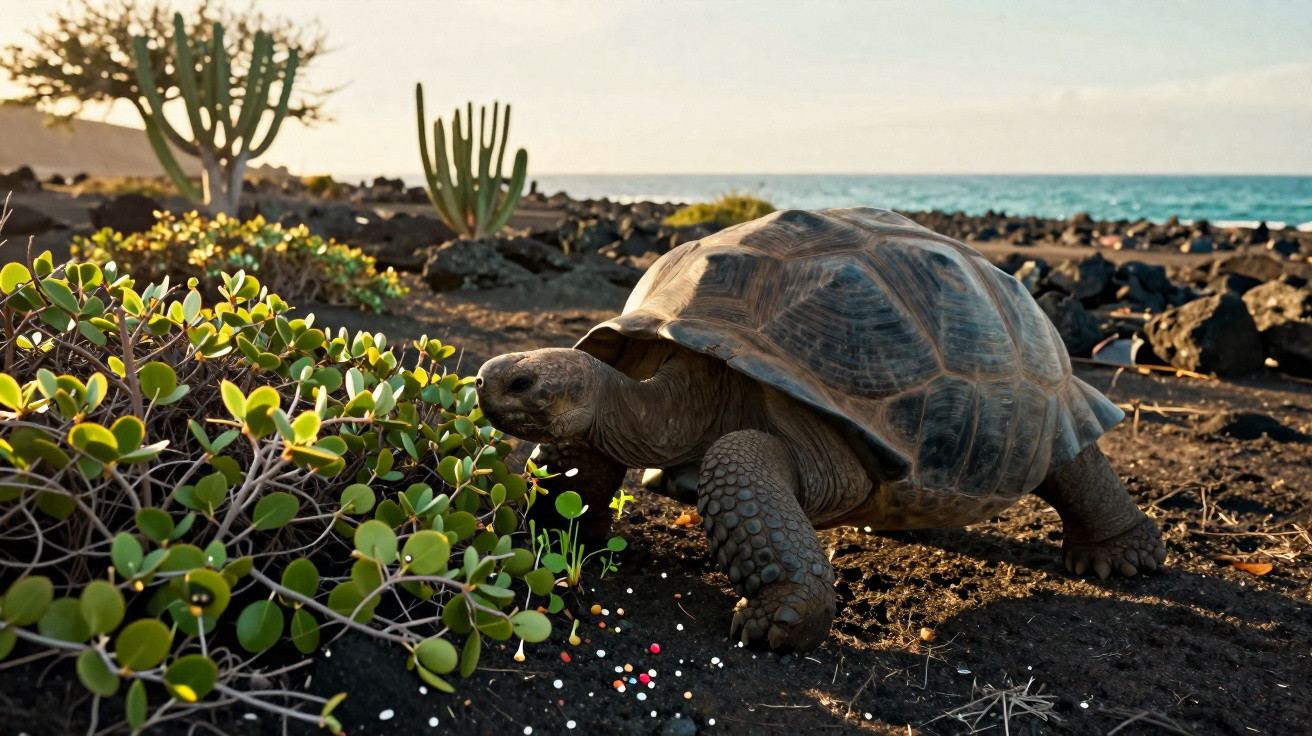 Tartaruga gigante caminhando em solo árido próximo a plantas verdes e mar ao fundo ao entardecer.