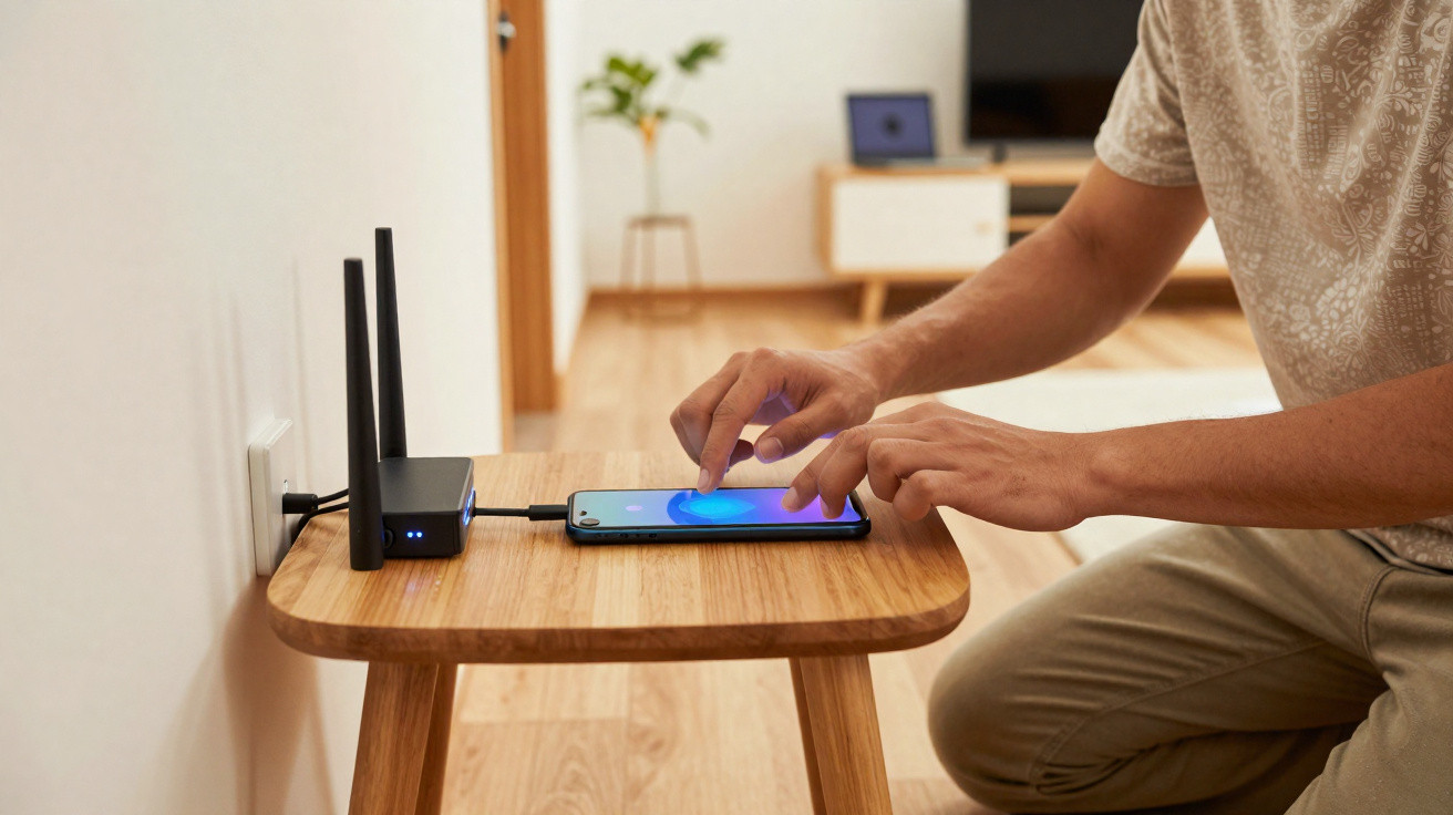 Pessoa usando celular ligado a um roteador em uma mesa de madeira em ambiente interno.