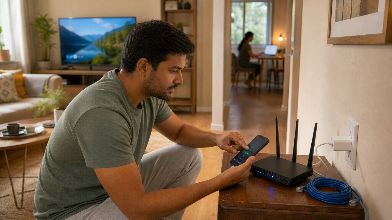Homem ajusta configurações do roteador Wi-Fi usando smartphone em sala de estar moderna.