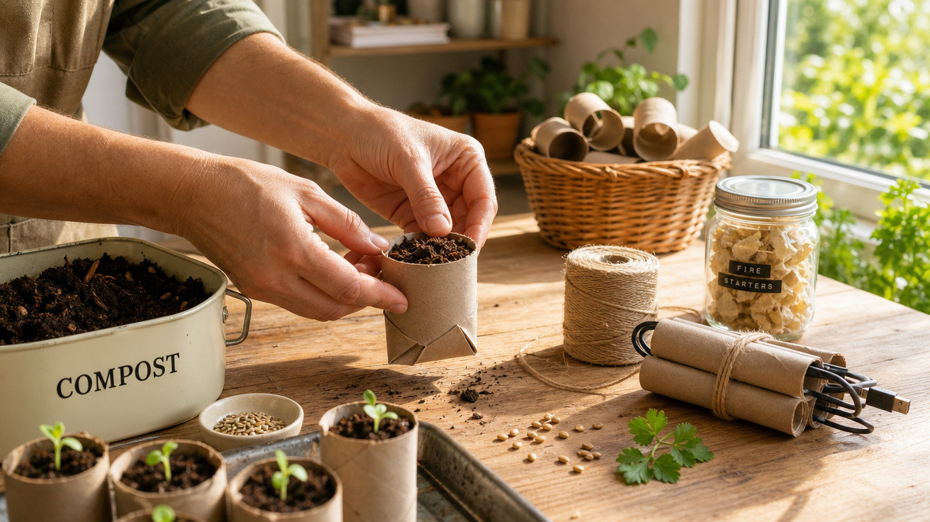 Mãos colocando terra em pequenos vasinhos de papelão para plantio em mesa com sementes, corda e composteira.