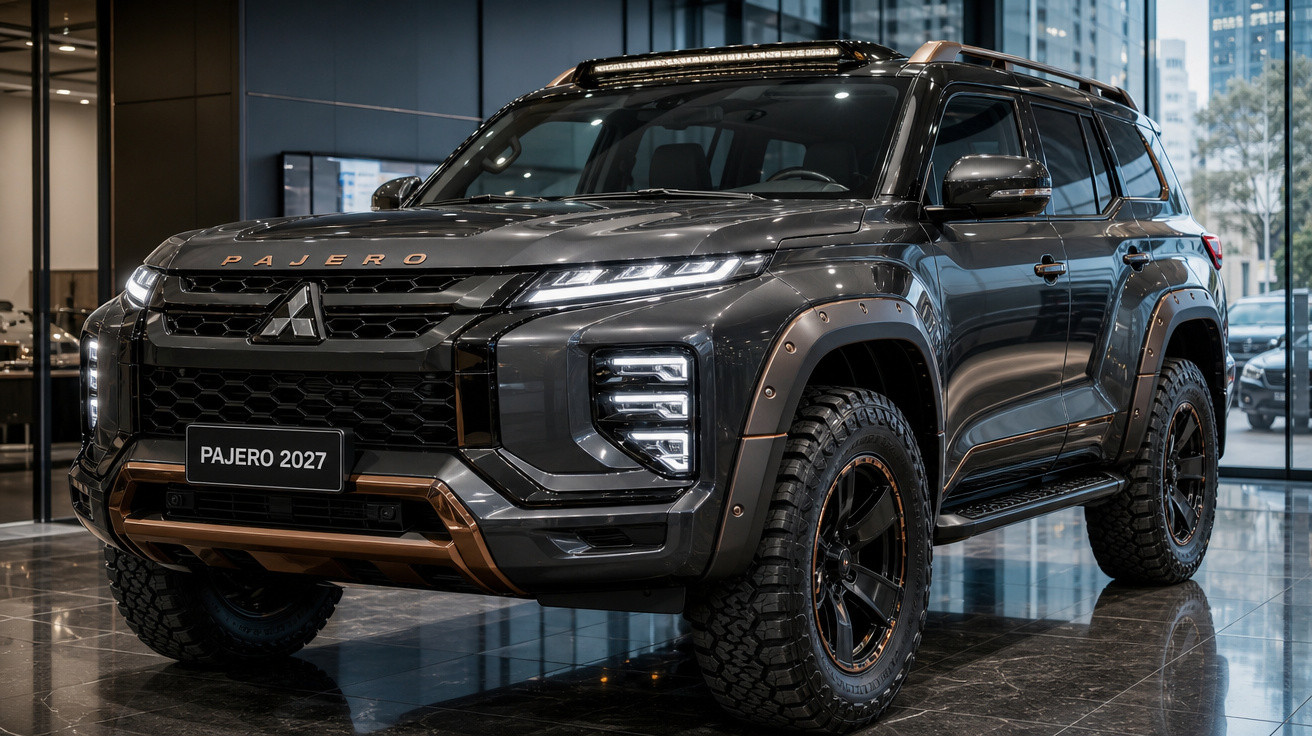 SUV Mitsubishi Pajero 2027 cinza metálico exibido em salão iluminado com pneus robustos e detalhes em bronze.