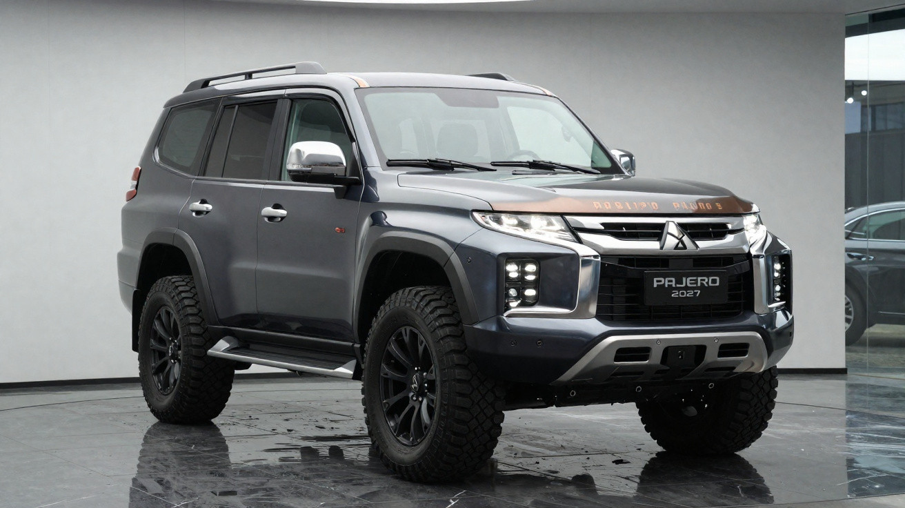 SUV Mitsubishi Pajero 2027 cinza metálico estacionado em piso brilhante interno.