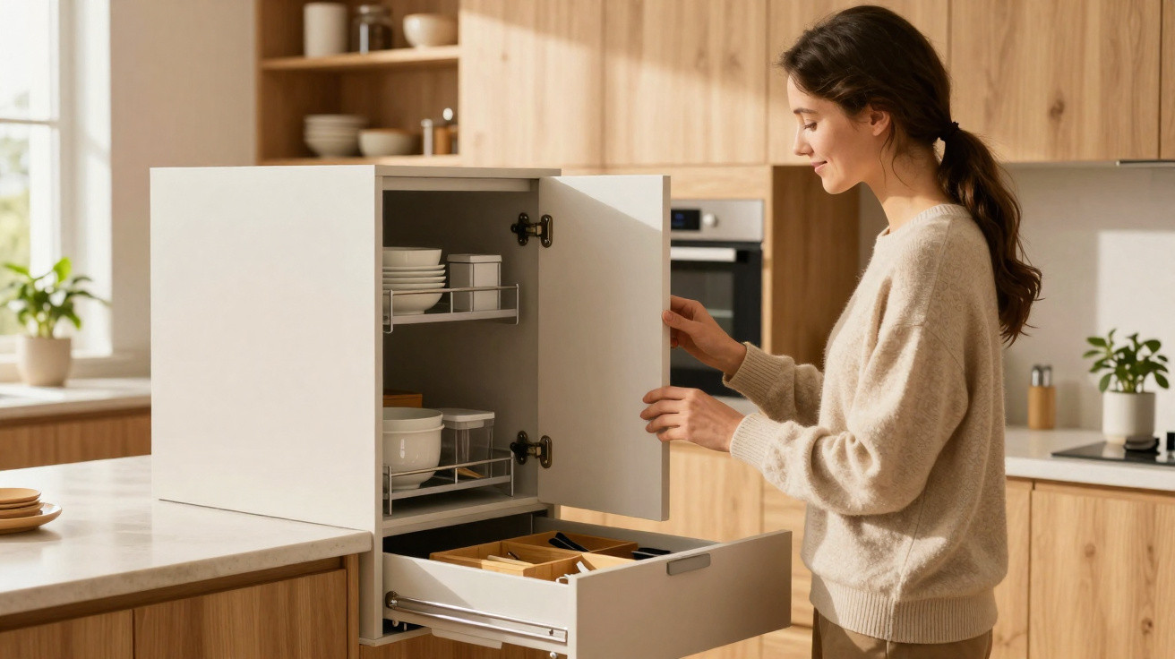 Mulher abre armário de cozinha com utensílios e pratos em ambiente moderno e iluminado.