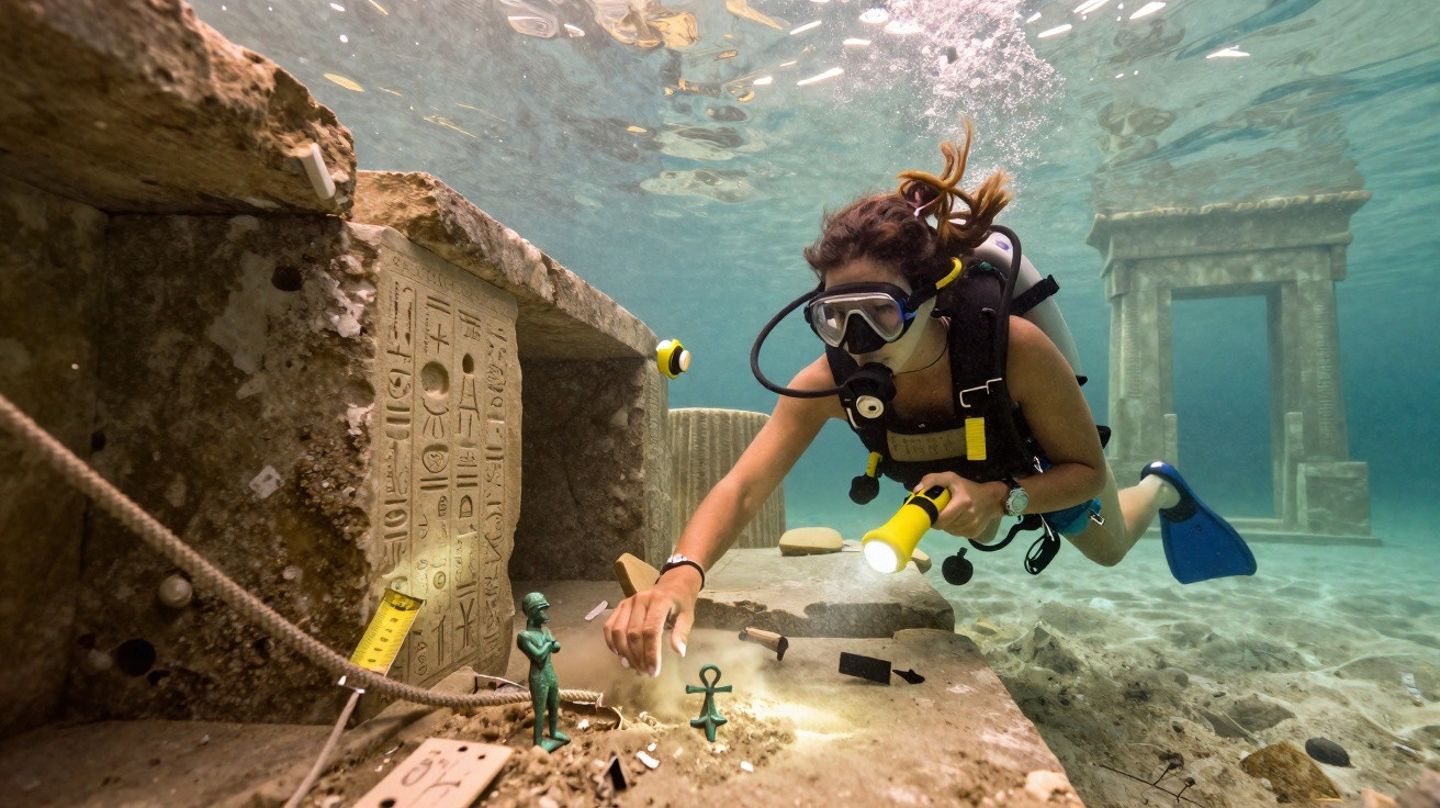 Mergulhadora explorando ruínas subaquáticas com artefatos egípcios e escultura pequena na mão.