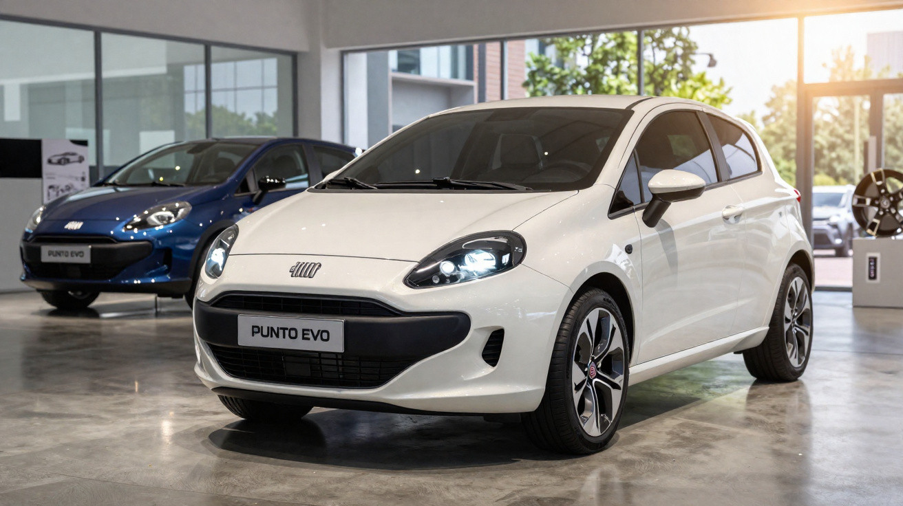 Carros Fiat Punto Evo branco e azul expostos em showroom com piso de concreto polido e grande janela.
