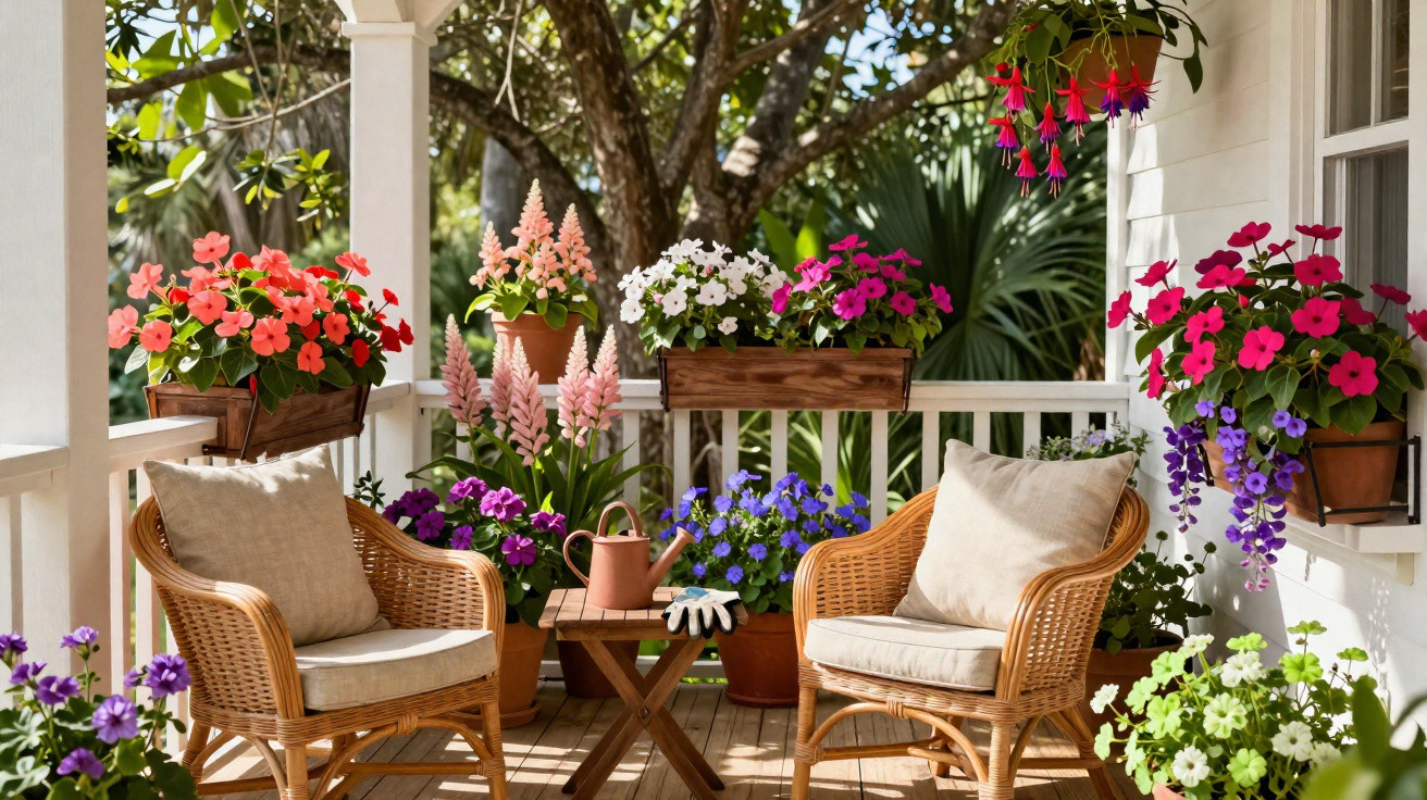 Varanda ensolarada com duas poltronas de vime, mesa pequena e vários vasos de flores coloridas.
