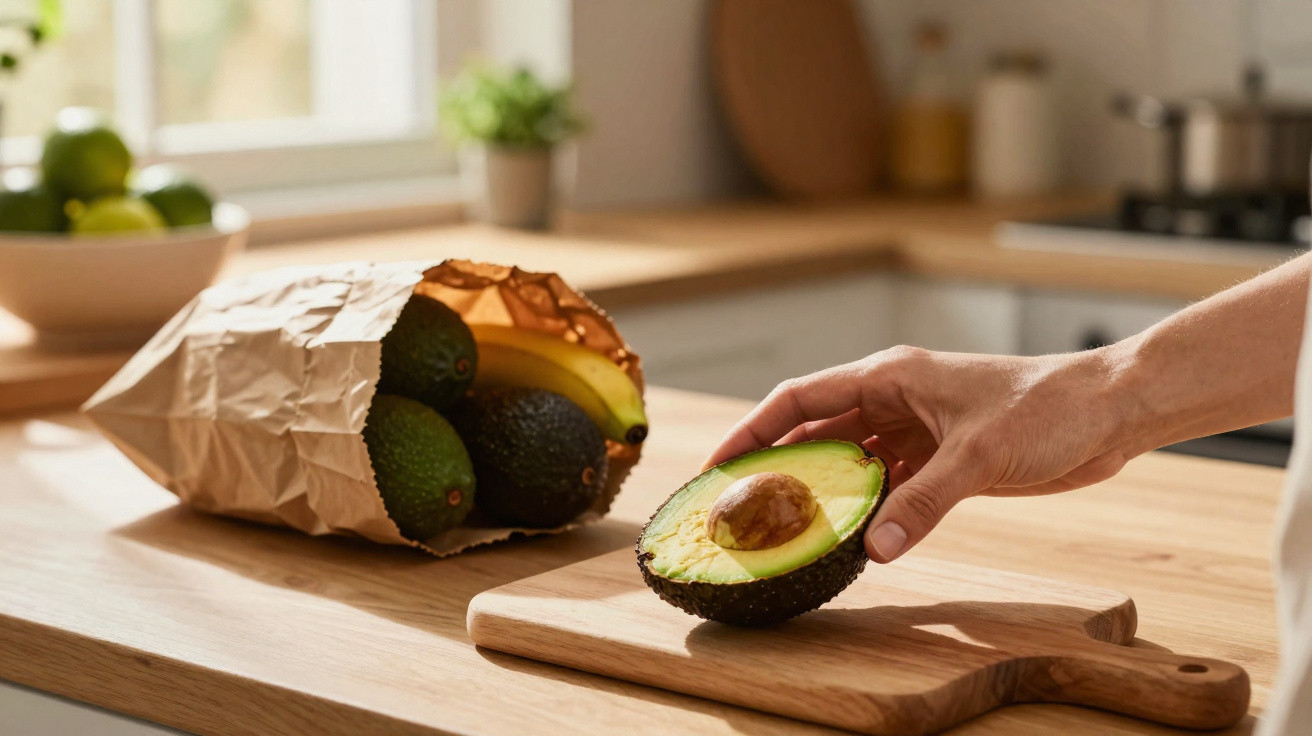 Mão segurando metade de abacate sobre tábua de madeira com sacola de papel e frutas ao fundo na cozinha.