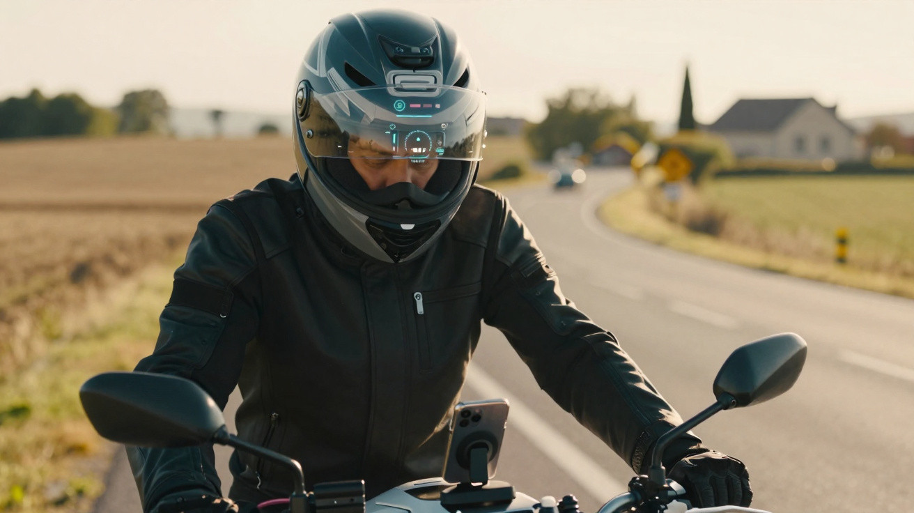 Motociclista com capacete e jaqueta preta conferindo o smartphone em suporte na estrada ao entardecer.