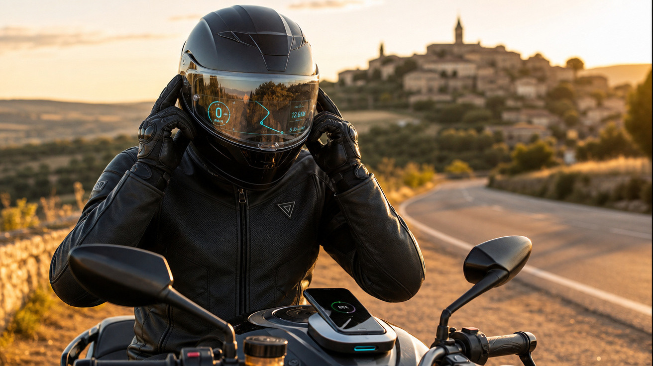 Motociclista com capacete preto ajustando-o em estrada rural ao pôr do sol, com vila ao fundo.