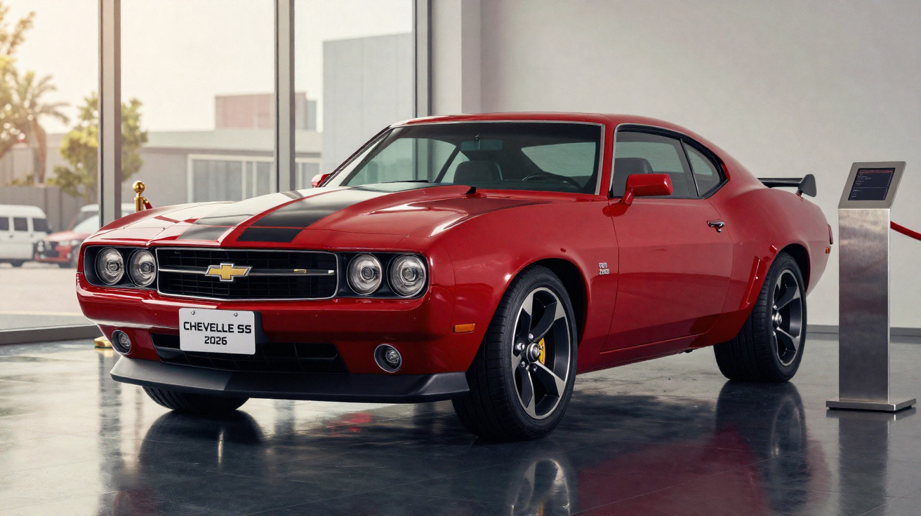 Carro esportivo Chevrolet Chevelle SS vermelho com faixa preta, exibido em sala de exposição moderna.