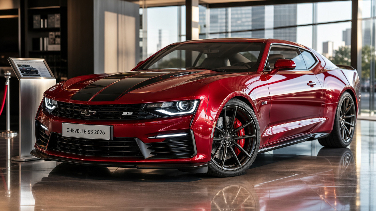 Carro esportivo Chevrolet Chevelle SS 2026 vermelho com detalhes pretos em showroom moderno e iluminado.