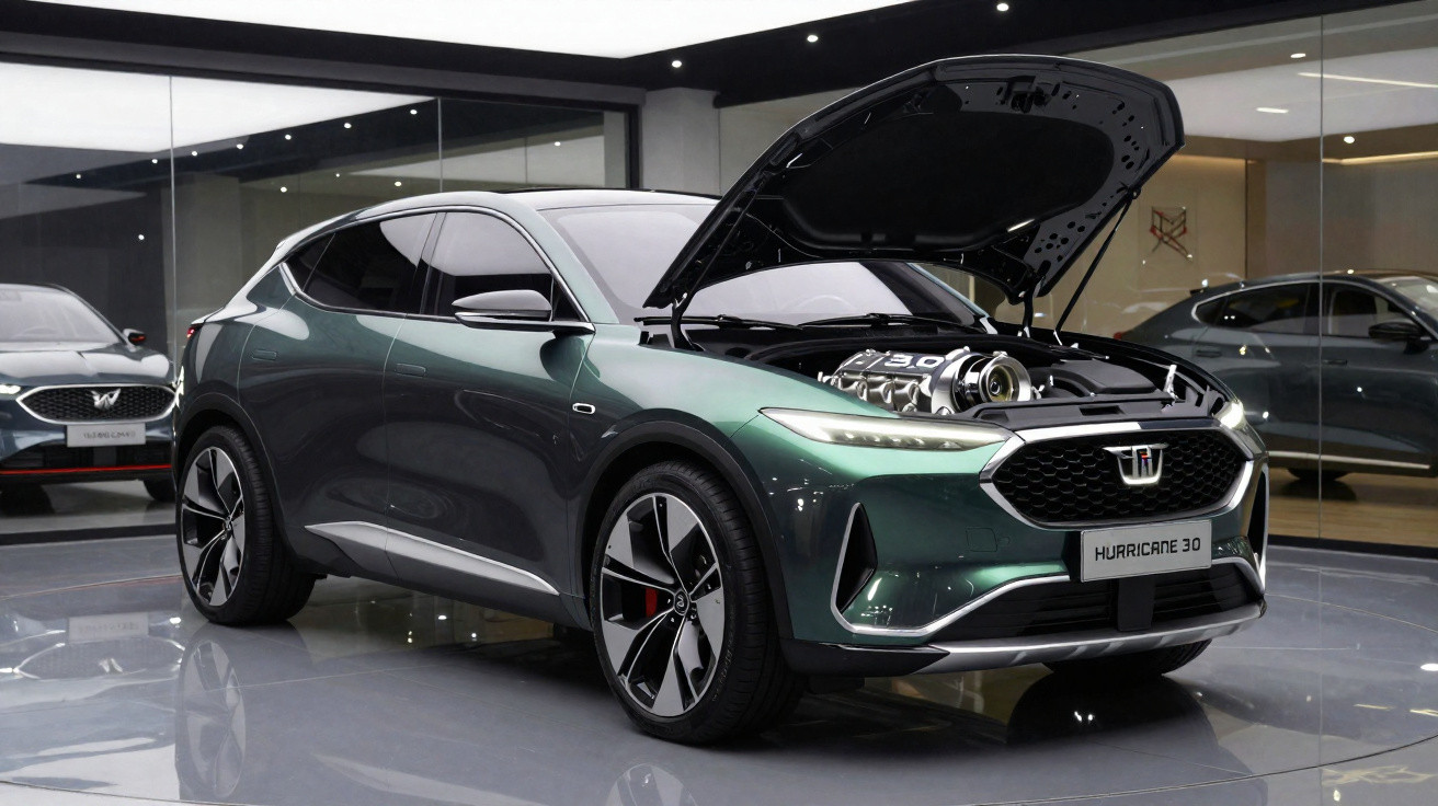 Carro esportivo SUV verde com capô aberto mostrando motor em exposição indoor moderna.