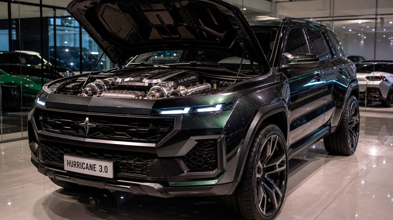 Carro SUV preto Hurricane 3.0 com capô aberto mostrando motor exposto em showroom moderno.