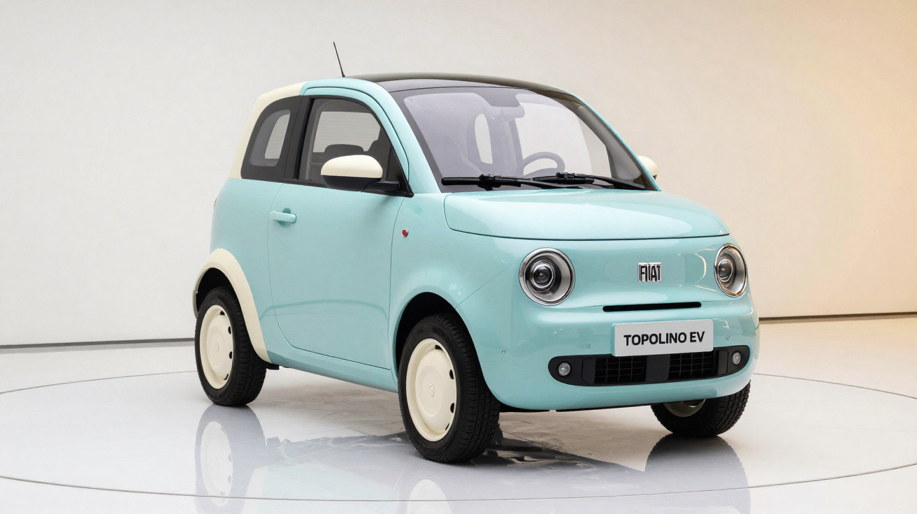 Carro elétrico compacto Fiat Topolino EV azul claro exibido em ambiente interno branco.