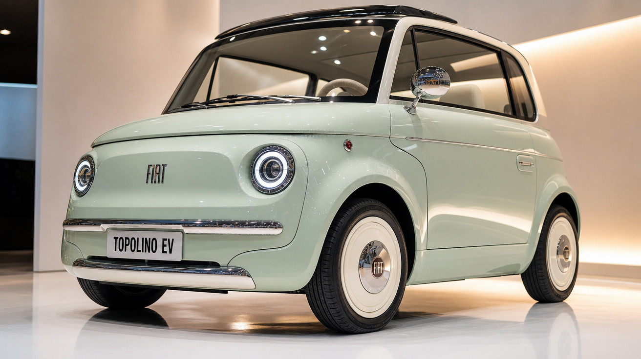 Carro elétrico Fiat Topolino EV verde claro, design retrô, exibido em ambiente interno iluminado.